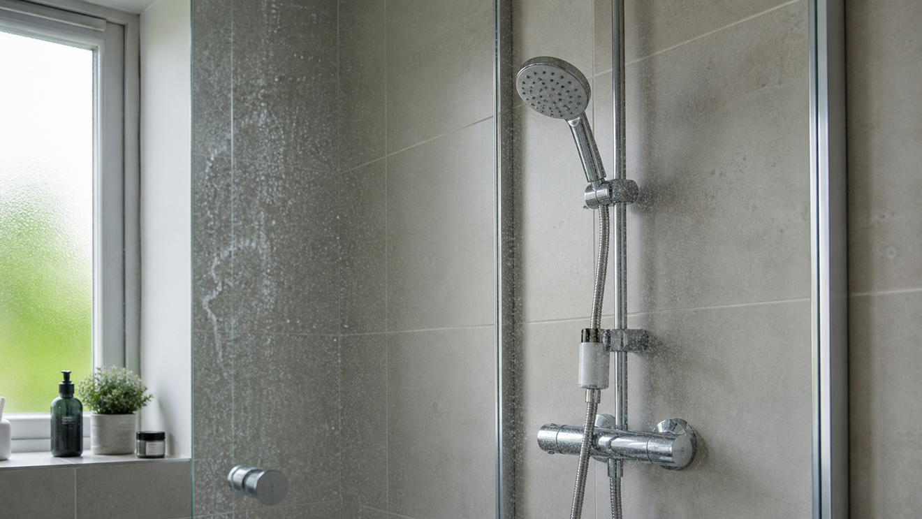 Inline shower filter installed on a chrome shower in a bathroom with limescale marks on the glass