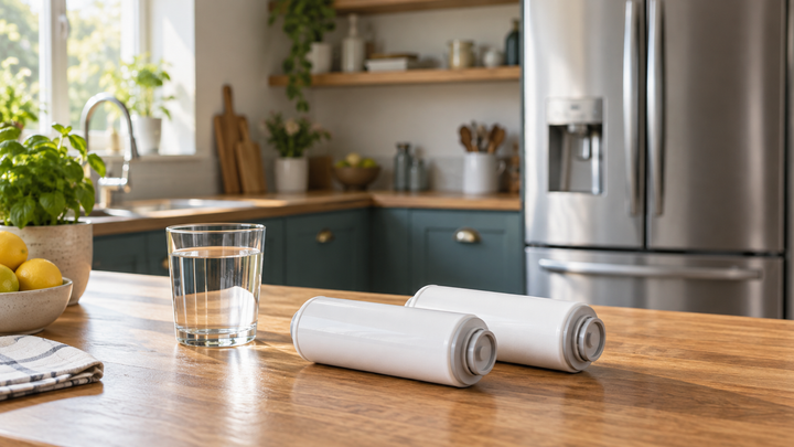 Two unbranded fridge water filter cartridges beside a glass of water in a kitchen