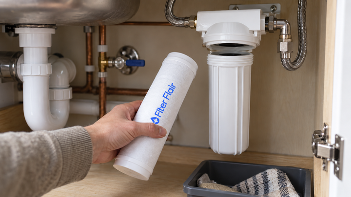 Hand holding a Filter Flair-branded white water-filter cartridge beside an open under-sink filter housing.