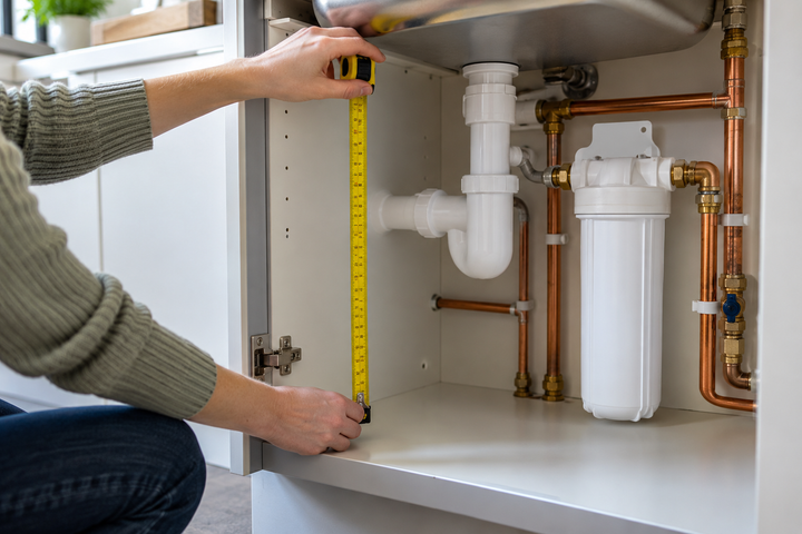Hands measuring the space inside a kitchen cupboard beside a generic water filter housing
