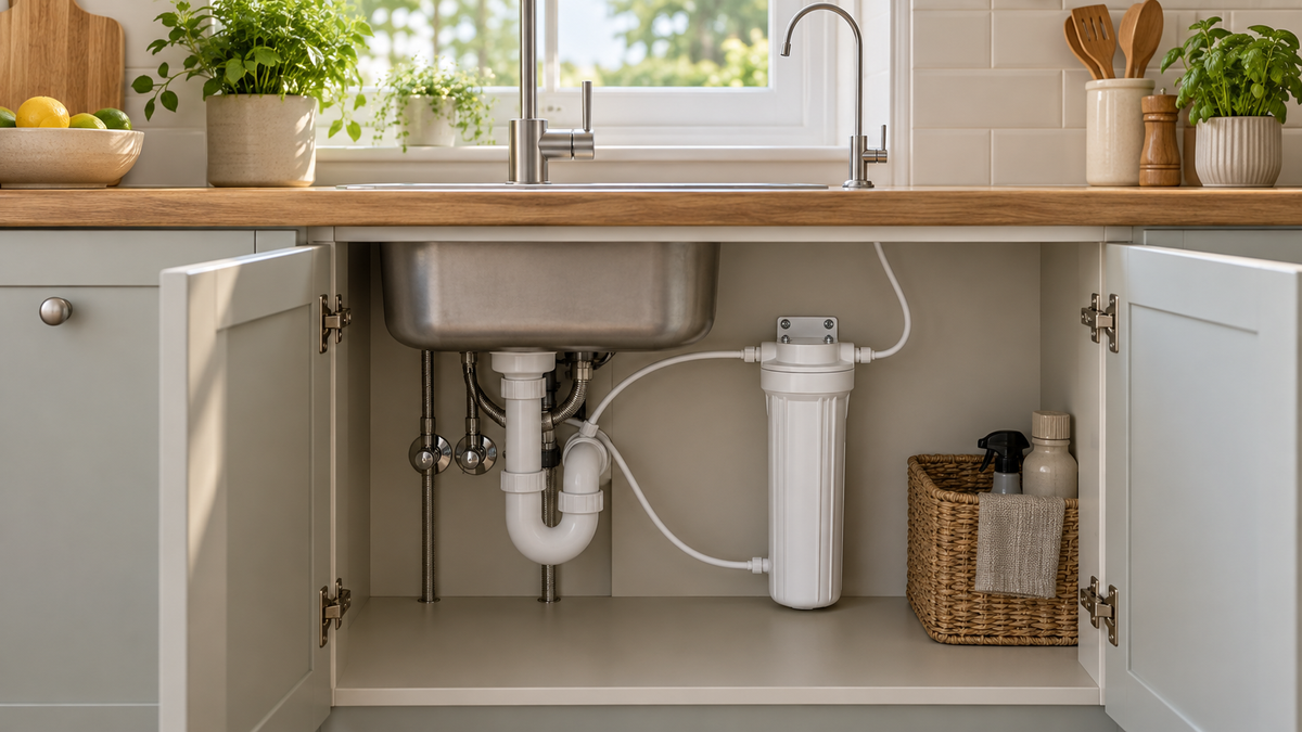 An unbranded under-sink filter housing in a tidy kitchen cupboard