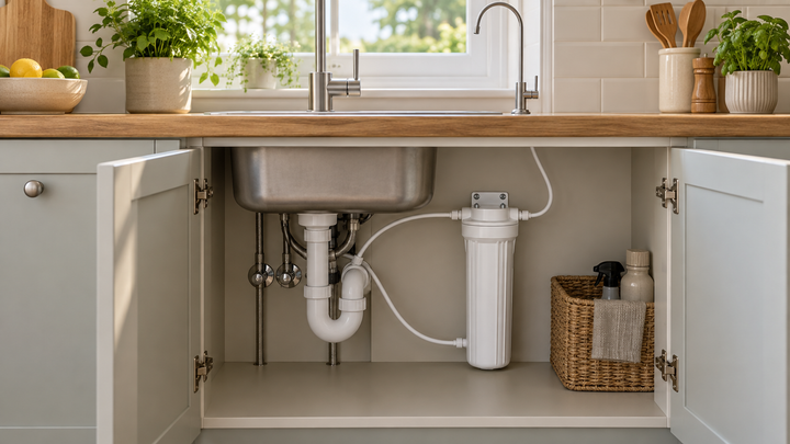 An unbranded under-sink filter housing in a tidy kitchen cupboard